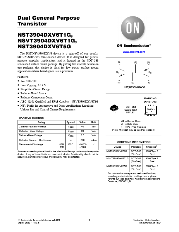 NST3904DXV6T5G ON Semiconductor