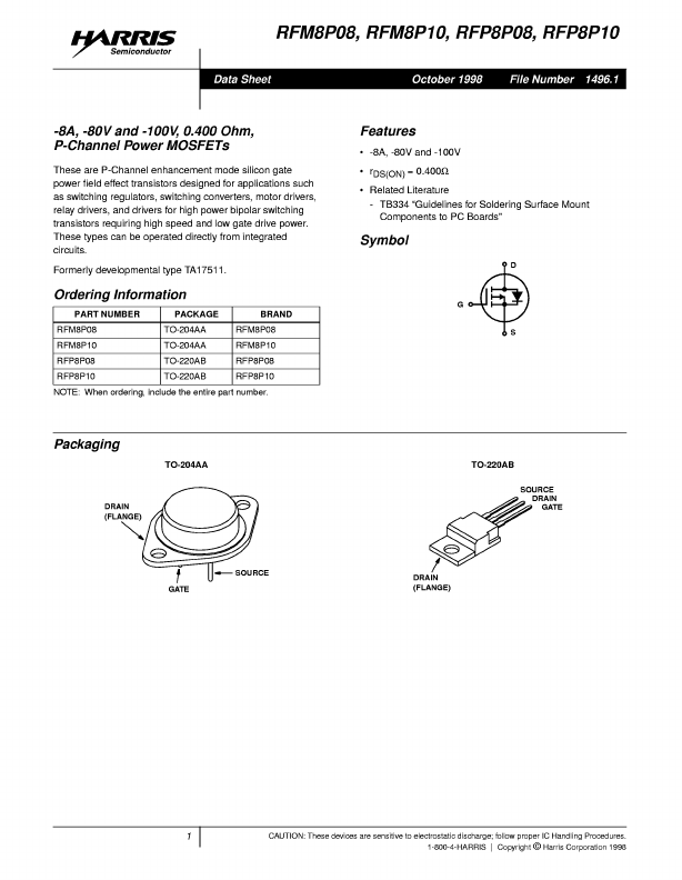 RFP8P08 Harris Semiconductor