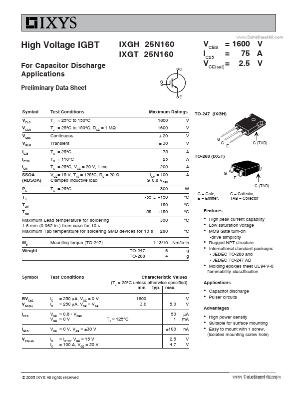 <?=IXGT25N160?> डेटा पत्रक पीडीएफ