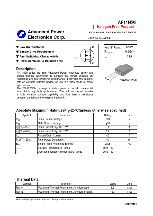 AP11N50I Advanced Power Electronics