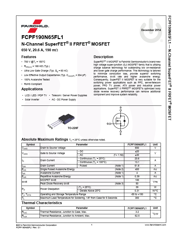 FCPF190N65FL1 Fairchild Semiconductor