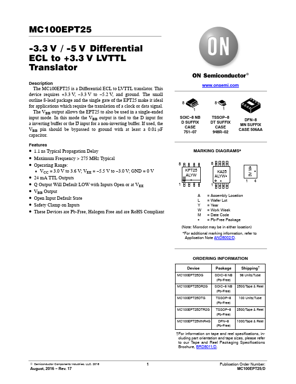 MC100EPT25 ON Semiconductor