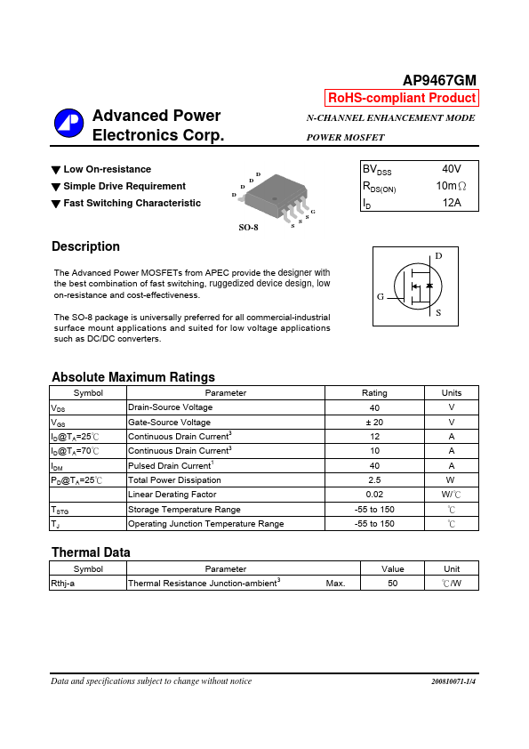 AP9467GM Advanced Power Electronics
