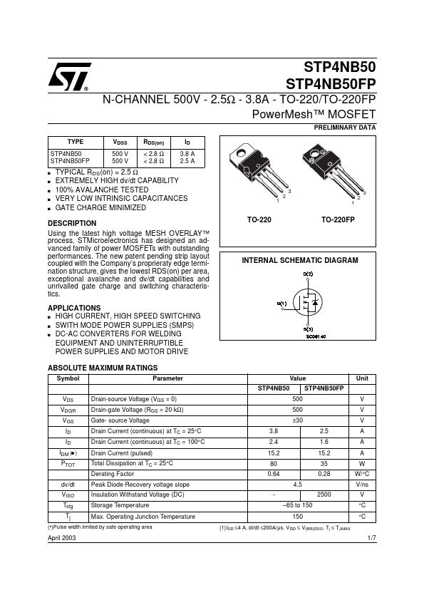 STP4NB50FP ST Microelectronics