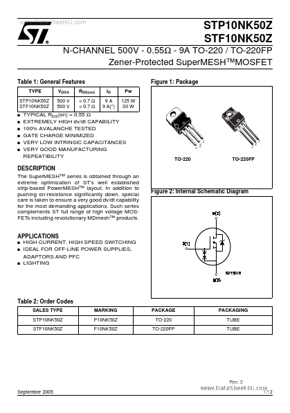 <?=STF10NK50Z?> डेटा पत्रक पीडीएफ