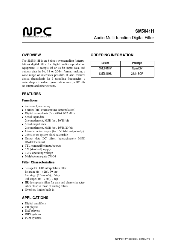 SM5841H Nippon Precision Circuits Inc