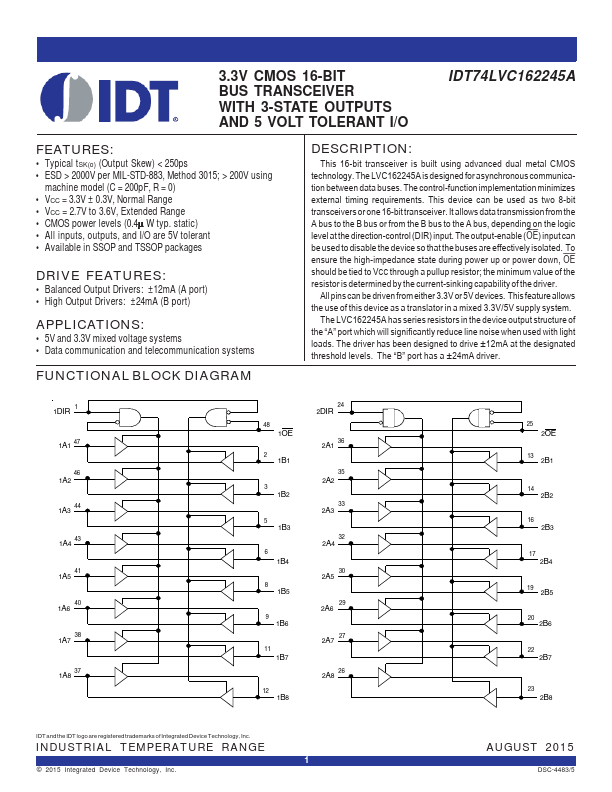 <?=IDT74LVC162245A?> डेटा पत्रक पीडीएफ