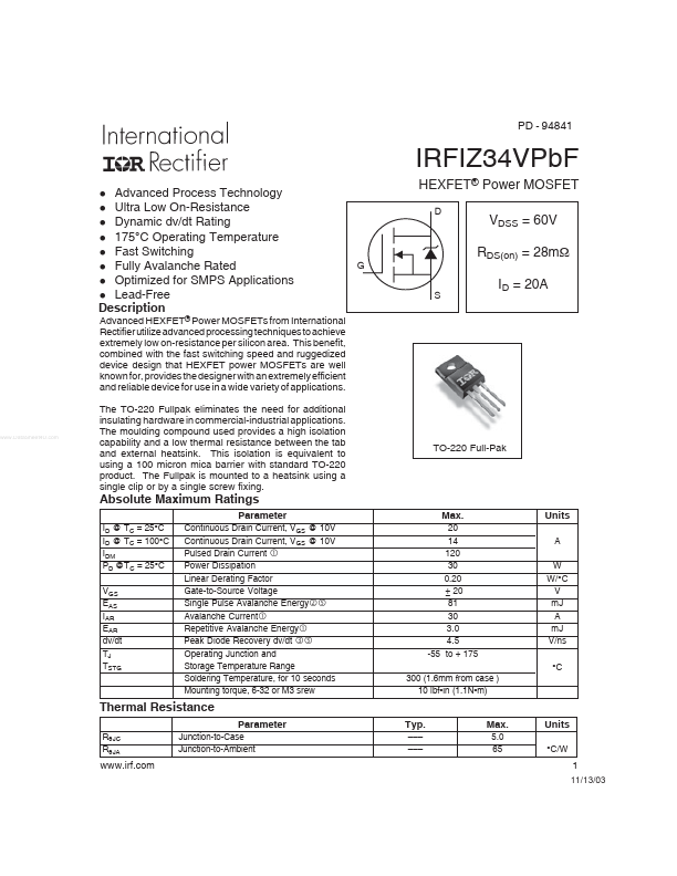 <?=IRFIZ34VPBF?> डेटा पत्रक पीडीएफ