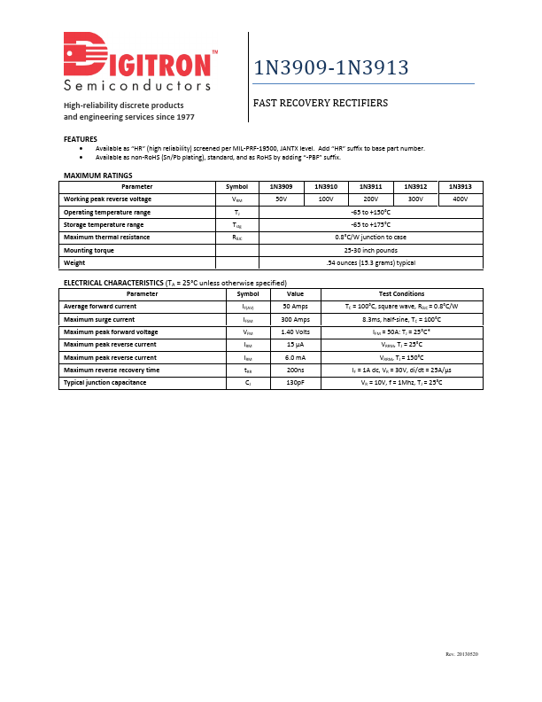 1N3913 Digitron Semiconductors