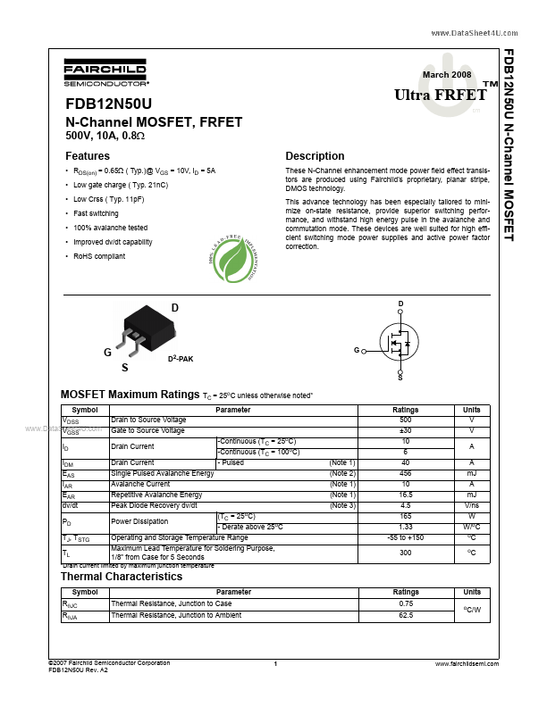 <?=FDB12N50U?> डेटा पत्रक पीडीएफ