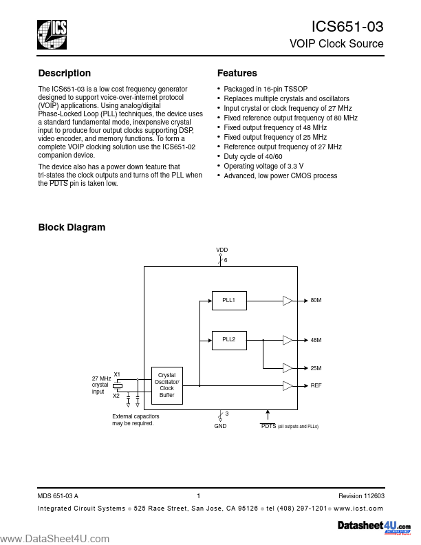 ICS651G-03 Integrated Circuit Systems