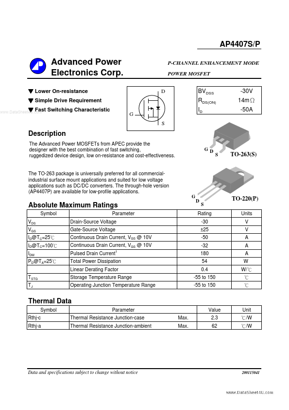 AP4407P Advanced Power Electronics