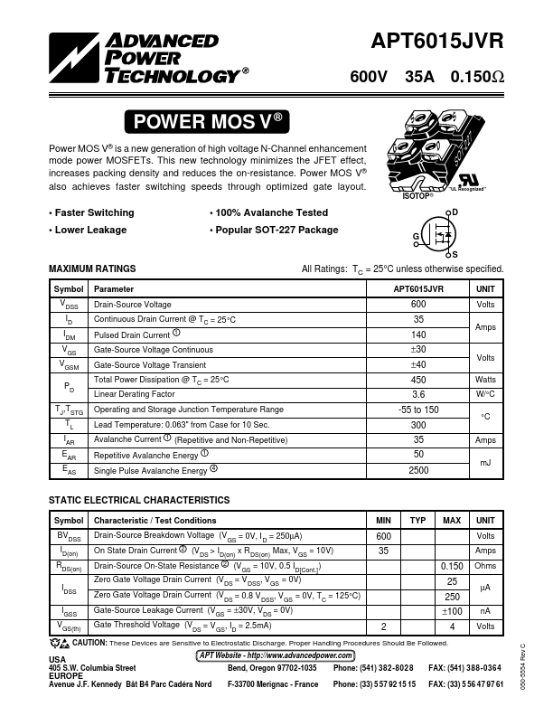 APT6015JVR Advanced Power Technology