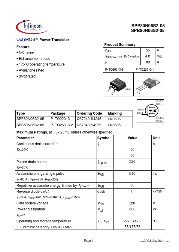 SPB80N06S2-05 Infineon Technologies
