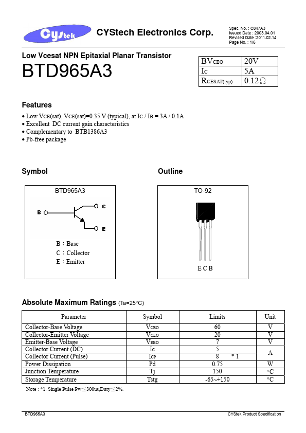 BTD965A3 Cystech Electonics