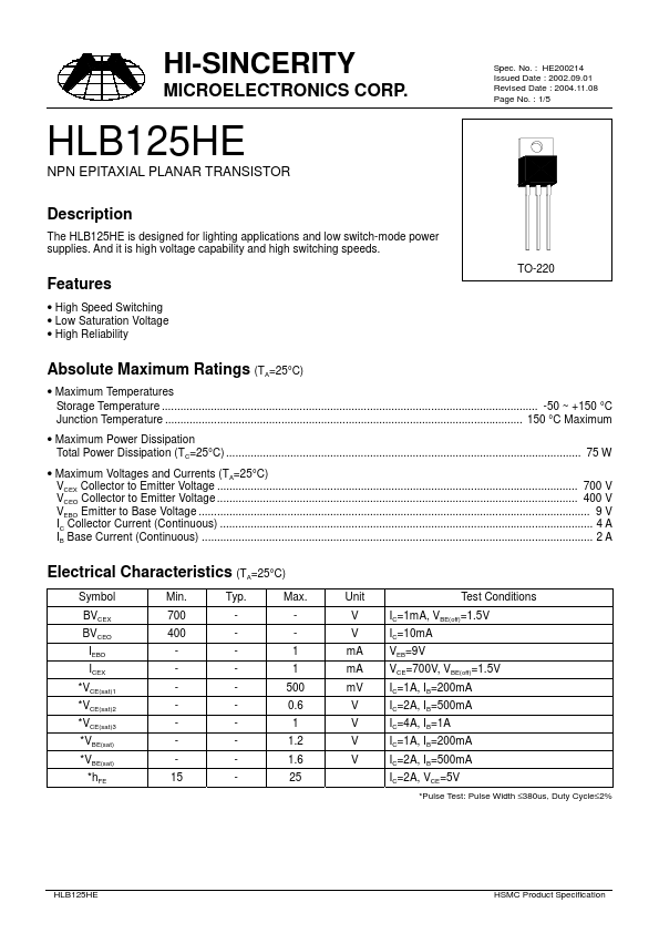 HLB125HE Hi-Sincerity Microelectronics