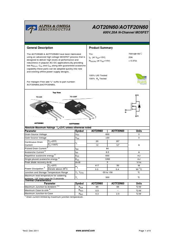<?=AOT20N60?> डेटा पत्रक पीडीएफ