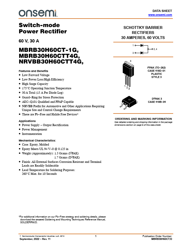 MBRB30H60CT-1G ON Semiconductor