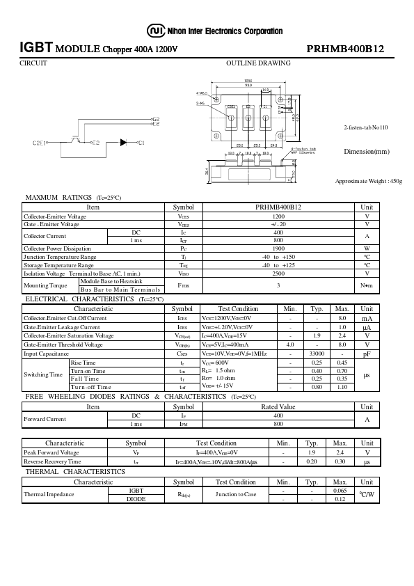 PRHMB400B12 Nihon Inter Electronics