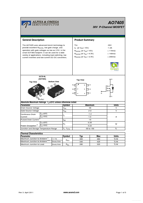 AO7405 Alpha & Omega Semiconductors