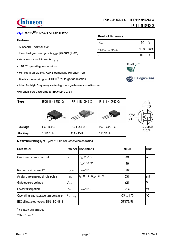 IPB108N15N3G Infineon Technologies