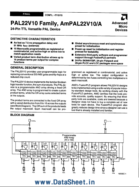 PAL22V10 Device Datasheet pdf - PAL Device. Equivalent, Catalog