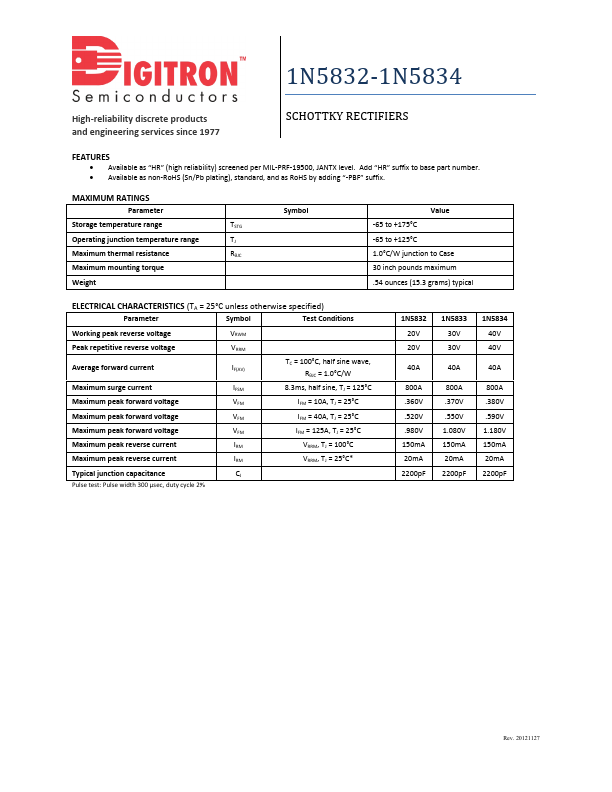 1N5834 Digitron Semiconductors