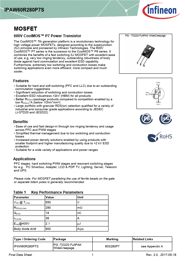 <?=IPAW60R280P7S?> डेटा पत्रक पीडीएफ