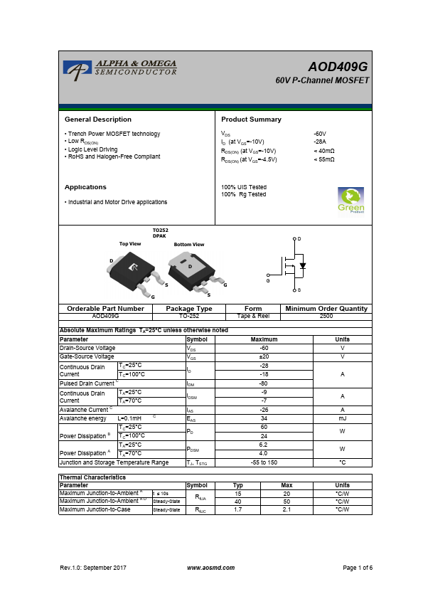 AOD409G Alpha & Omega Semiconductors