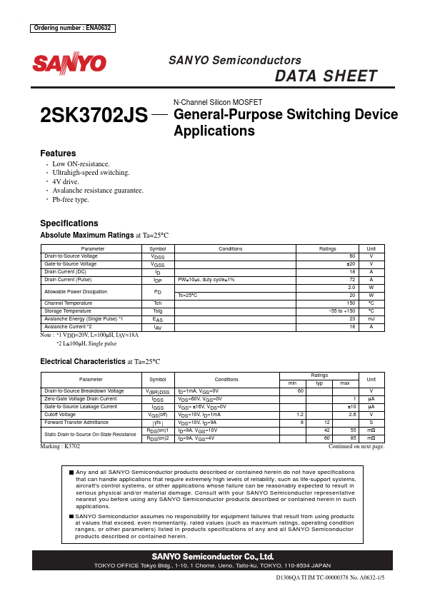 2SK3702JS Sanyo Semicon Device