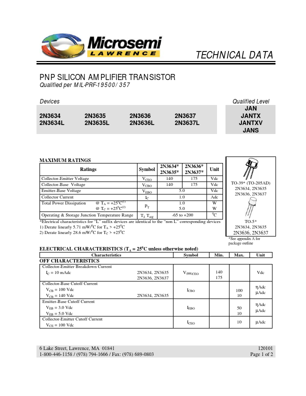 JANTXV2N3636 Microsemi Corporation