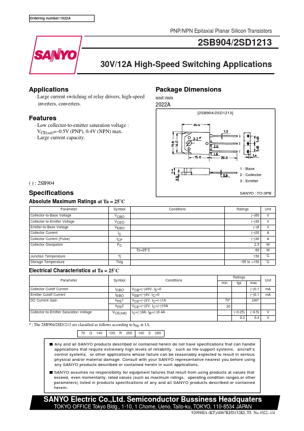 2SB904 Sanyo Semicon Device