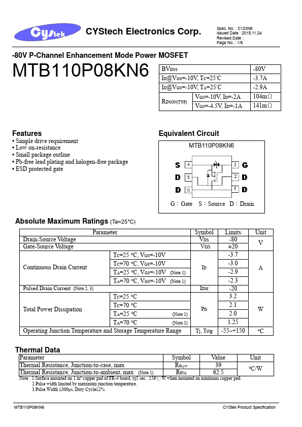 MTB110P08KN6 Cystech Electonics