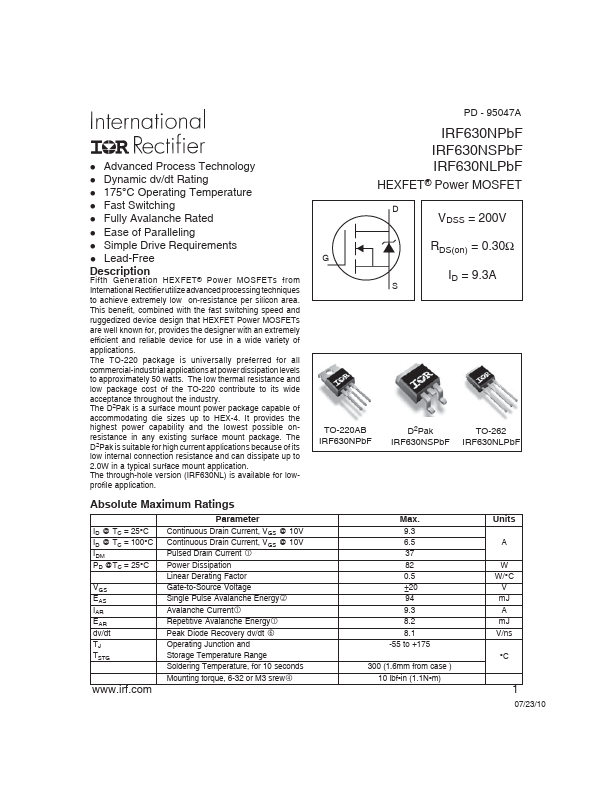 <?=IRF630NSPBF?> डेटा पत्रक पीडीएफ