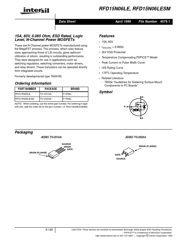 RFD15N06LESM Intersil Corporation