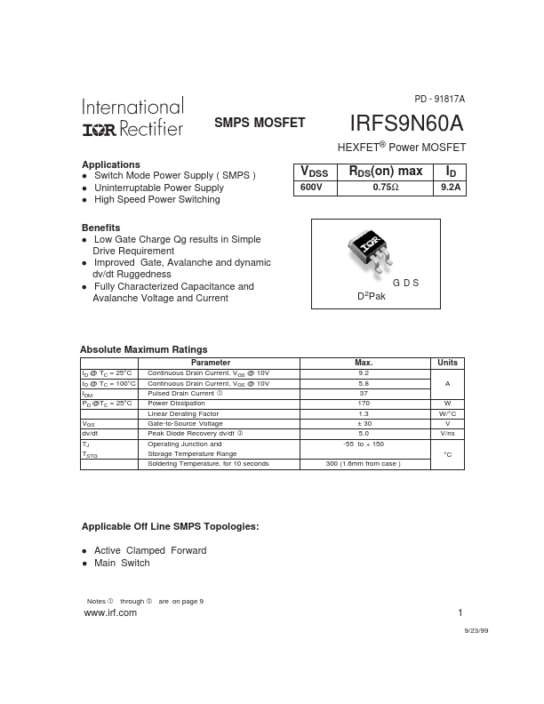 <?=IRFS9N60A?> डेटा पत्रक पीडीएफ