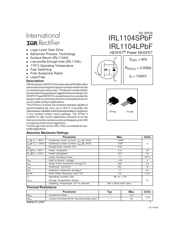 IRL1104LPBF International Rectifier