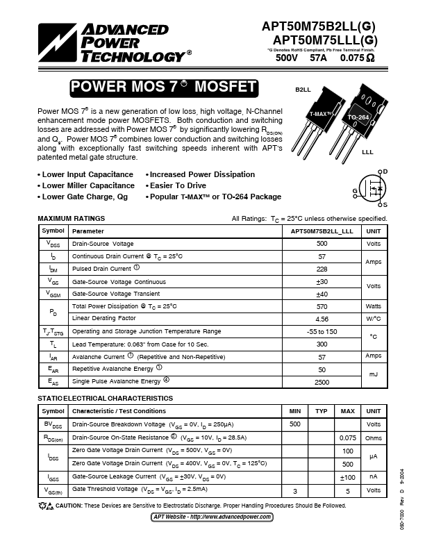 APT50M75B2LL Advanced Power Technology