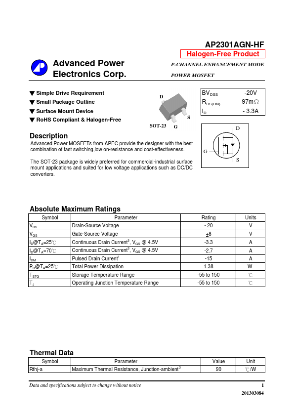 AP2301AGN-HF Advanced Power Electronics