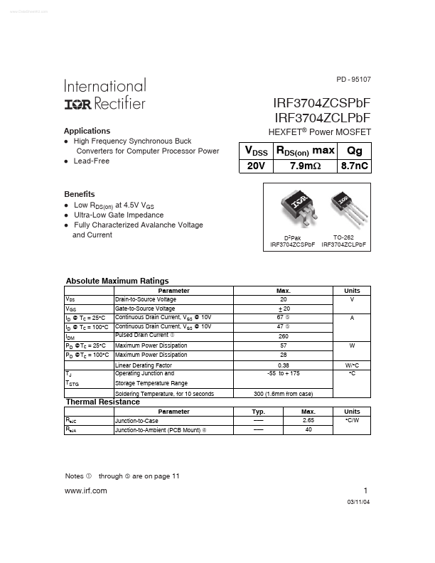<?=IRF3704ZCSPBF?> डेटा पत्रक पीडीएफ