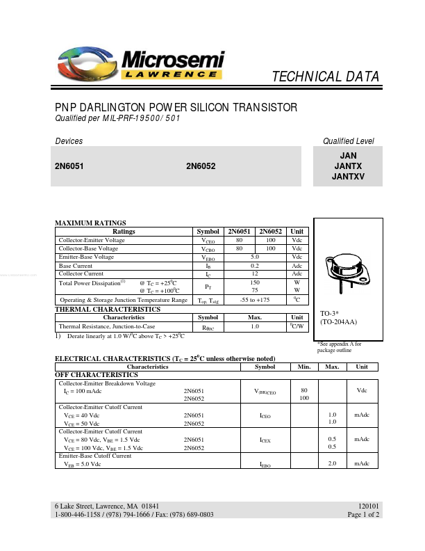 2N6051 Microsemi Corporation