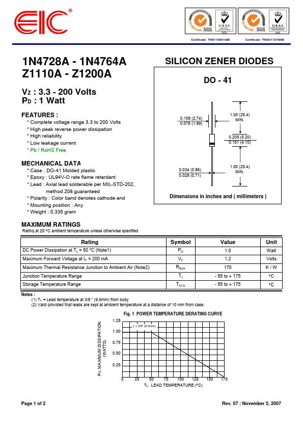 1N4763A Data Sheet | EIC