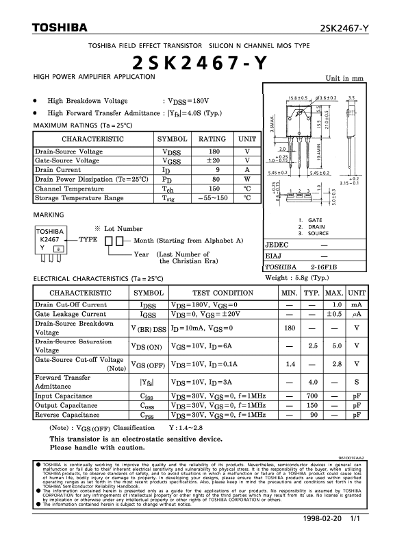 2SK2467-Y Toshiba Semiconductor