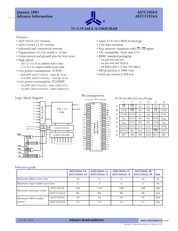 AS7C31026A Alliance Semiconductor Corporation