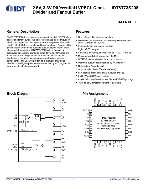 <?=IDT8T73S208I?> डेटा पत्रक पीडीएफ