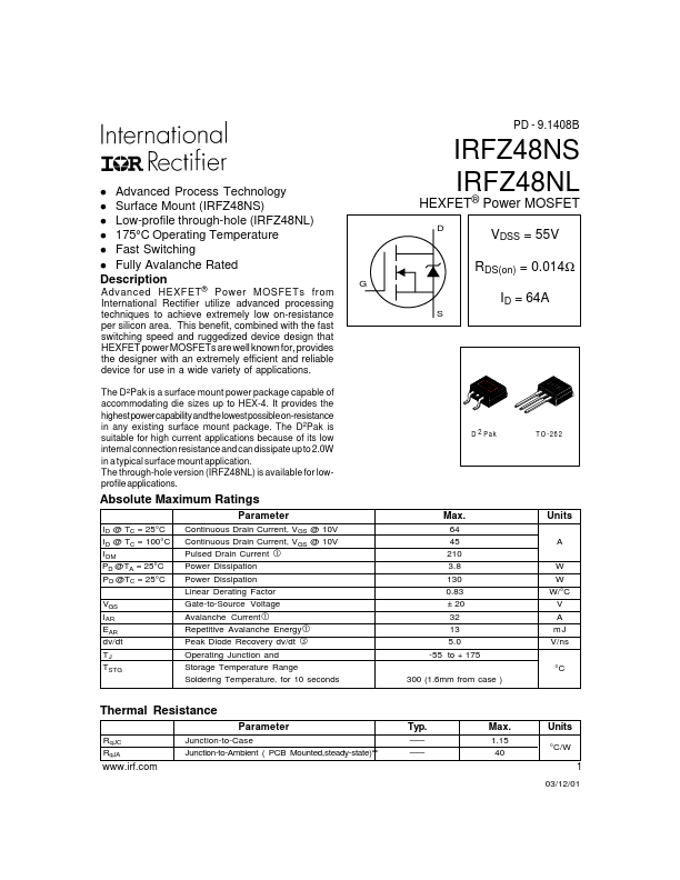 <?=IRFZ48NL?> डेटा पत्रक पीडीएफ