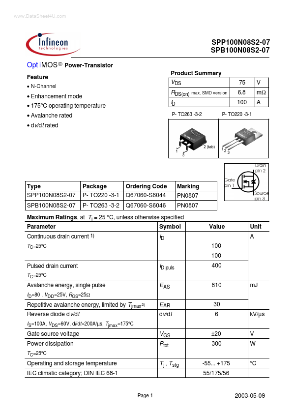 SPB100N08S2-07 Infineon Technologies