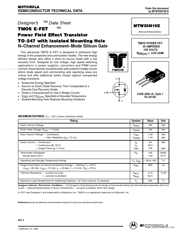 <?=MTW35N15E?> डेटा पत्रक पीडीएफ