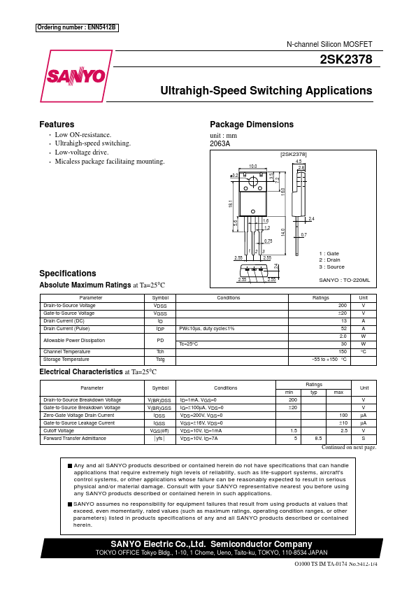 2SK2378 Sanyo Semicon Device