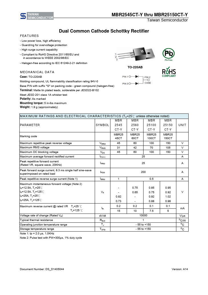 MBR25100CT-Y Taiwan Semiconductor